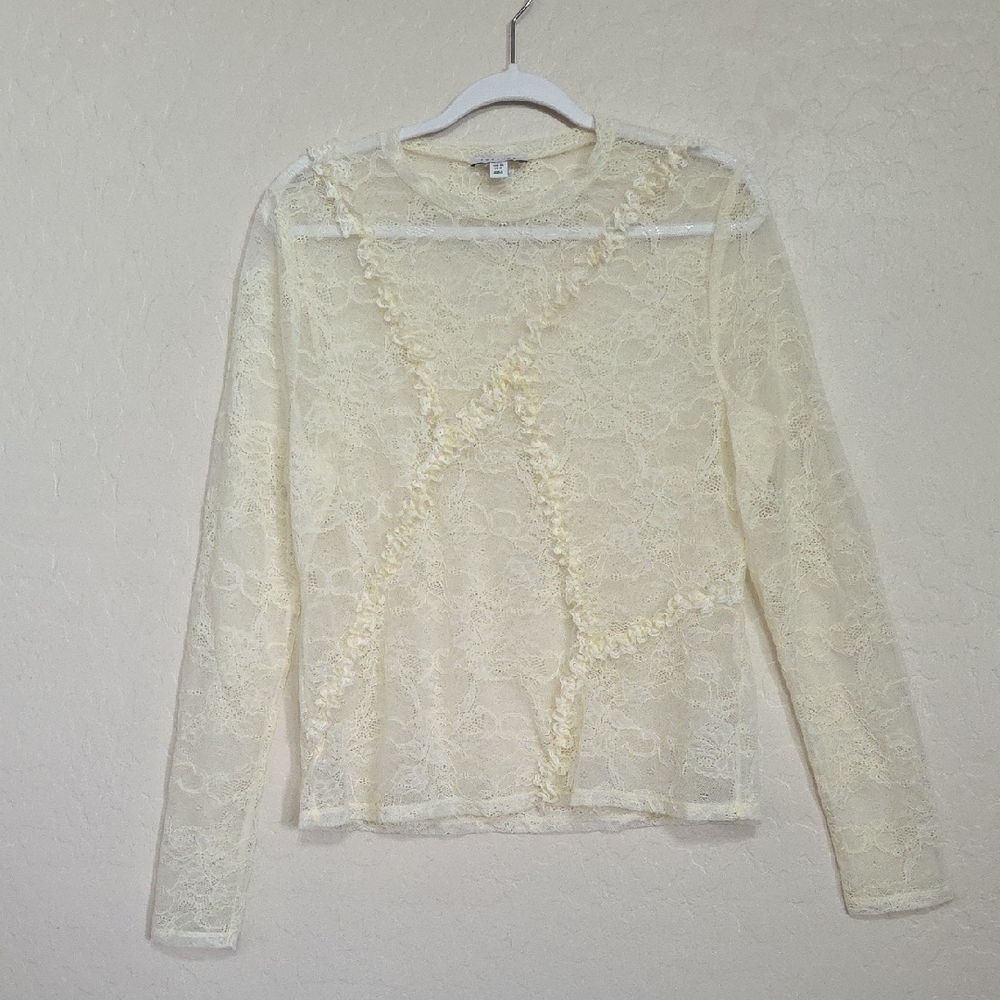 Topshop Cream Lace Long-Sleeve Ruffle Trim Tee
